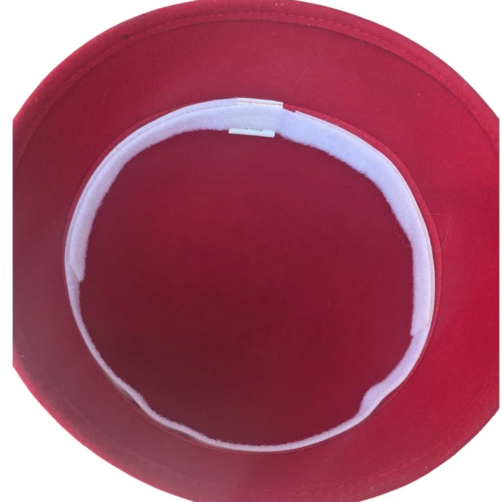 Vintage Style Red Wool Cloche Hat with Feather and Buckle Detail - One Size